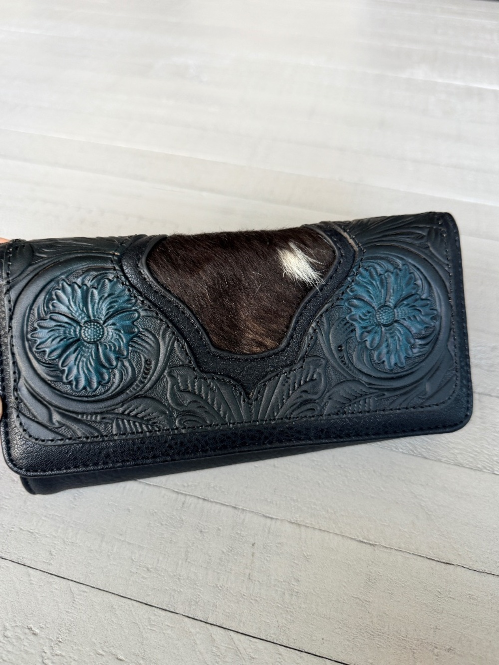 Trinity Ranch Floral Tooled and Hair-On Cowhide Collection Wallet Black